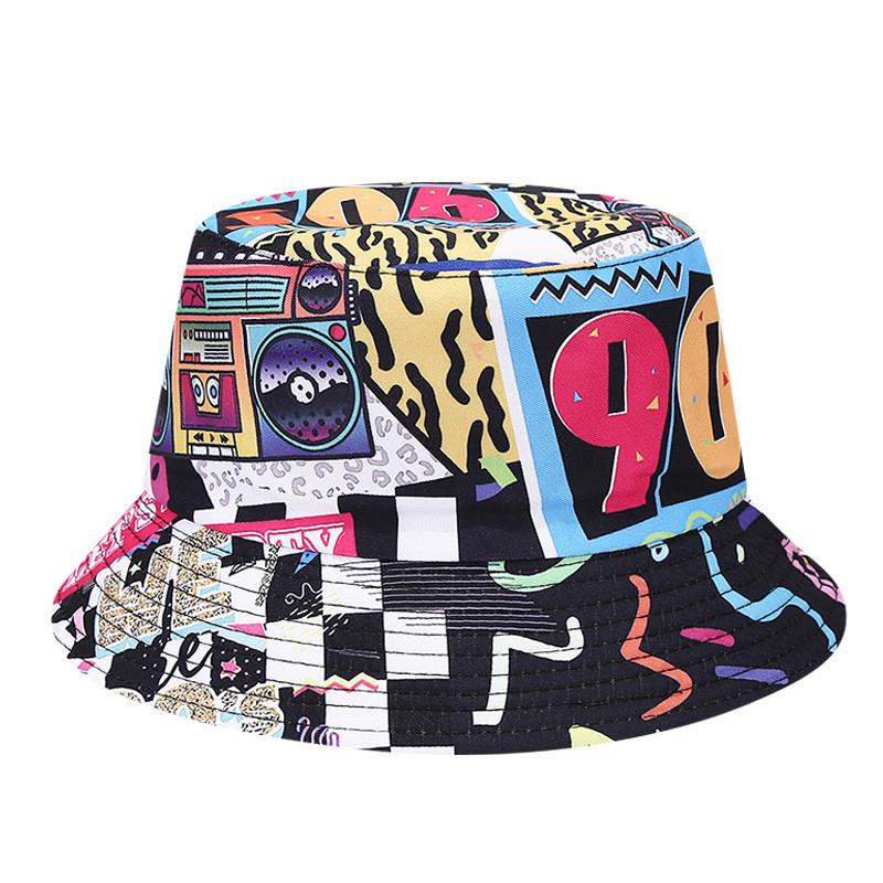 80s 90s Vintage Geometric Print Fisherman Hat With Sun Protection For Outdoor Activities