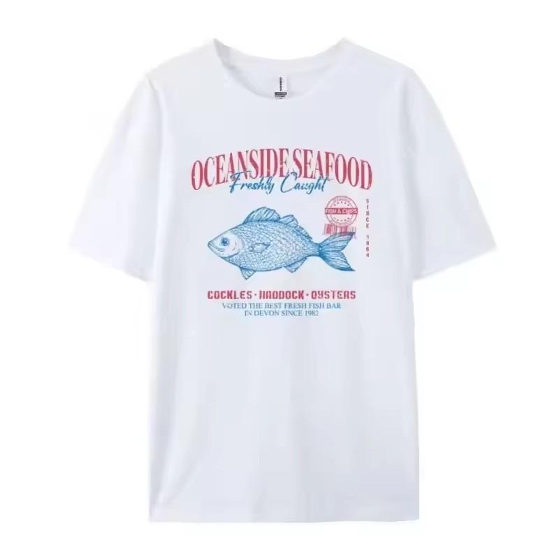 

Графическая футболка с морепродуктами Гранж Эстетика Уличная одежда Футболки Хлопок Мода Оверсайз Женская Винтажная футболка Ретро Стиль Топ для отпуска XL белый