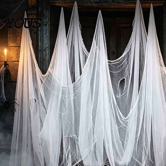 Reusable Halloween Party Decor Gauze Fabric, White/Black Creepy Cloth for Spooky Drapey Scrim Porches Decks Haunted House Decorations, Indoor Outdoor