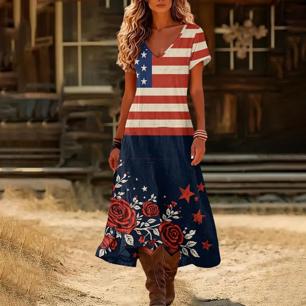 Women’s Short Sleeve V Neck Maxi Dress with Floral Print and Flag Pattern Casual Loose Fit Summer Dress