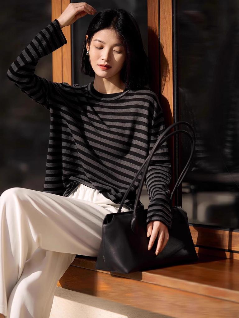 Früher Herbst Gestreifter Strick Damenpullover - Leichtigkeit Lässige Mode Langarm Oberteil