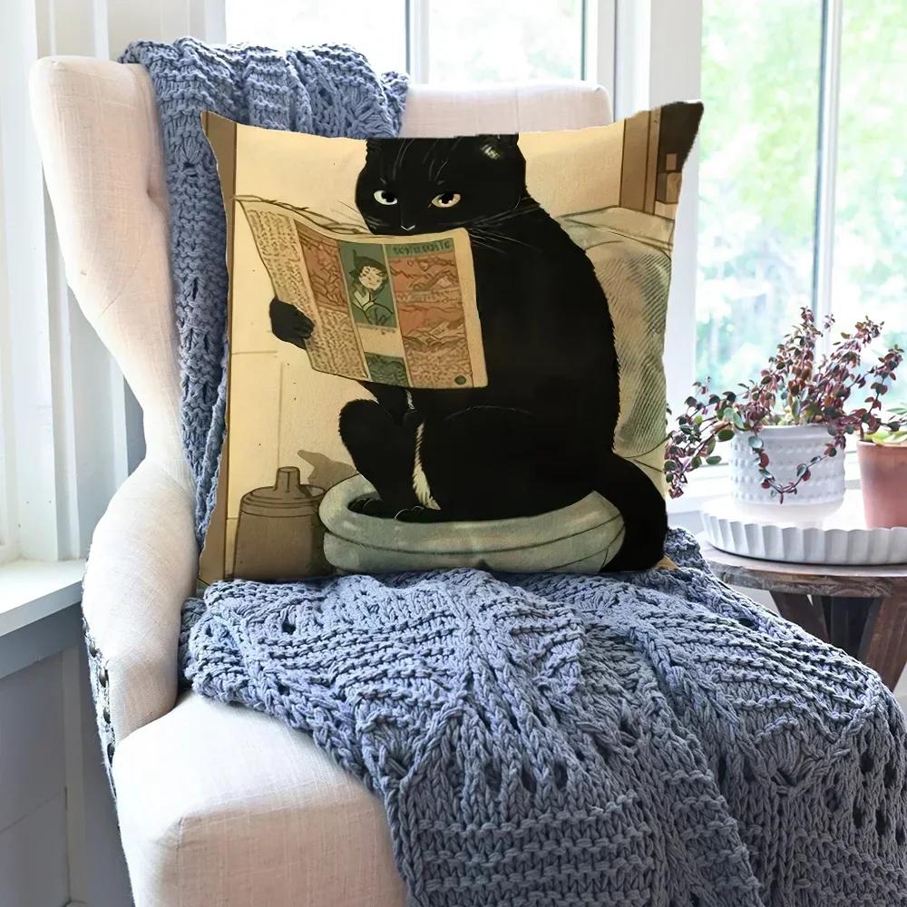 1pc Cute Black Cat Pillow Case Square Pillow Bedroom Sofa Leisure Comfort Cushion Car Living Room Home Decoration 40X40
