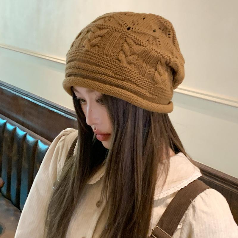Curled Baotou Knitted Hat Women's Autumn and Winter Large Head Circumference Warmth Ear Protection Pile Hat Face Revealing Small Woolen Hat