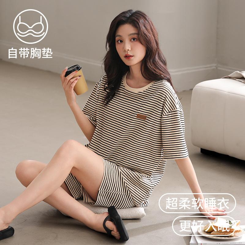 [With chest pad] Modal short-sleeved pajamas women's summer thin shorts loungewear striped crew neck girls suit