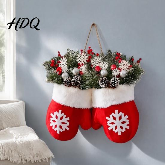 Farmhouse Style Christmas Door Hanger Mitten/Stocking Wreath Decorative Artificial Wreath with Berries Pine Cones Floral Branches Holiday