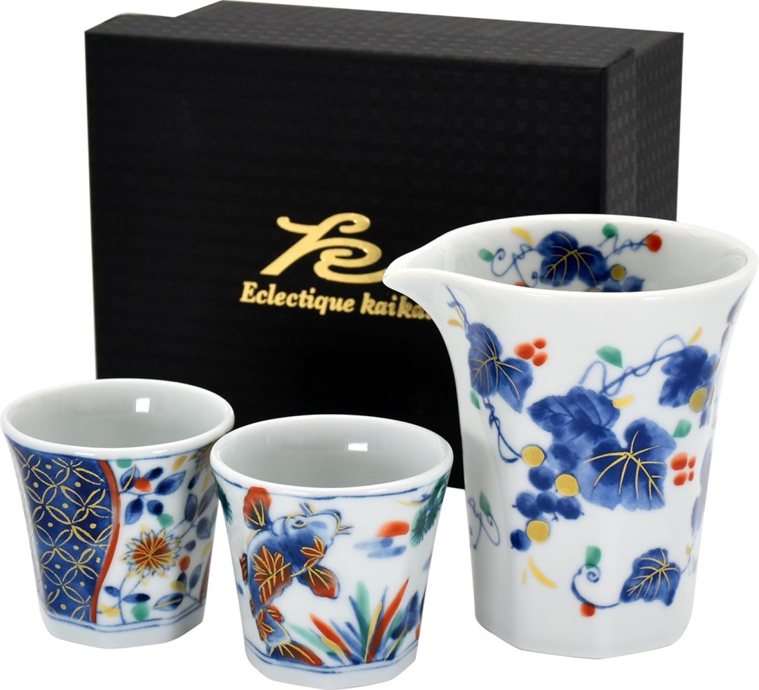 

Ceramic Ai Ancient Romantic Sake Set, Flowers and Plants, Dyed Carp, Dyed Grapes, Size: Approx. W17 D13.5 H9.2 41053