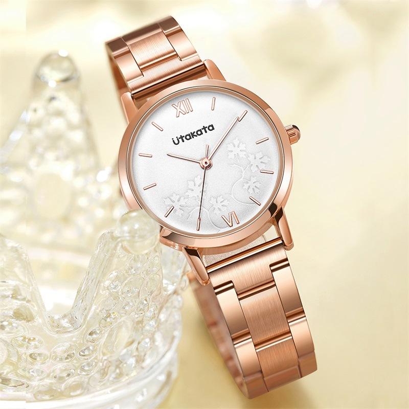 Utakata Ladies Watch Women'S Simple Business Steel Belt Watch Embossing Process Waterproof Quartz Watch 0010