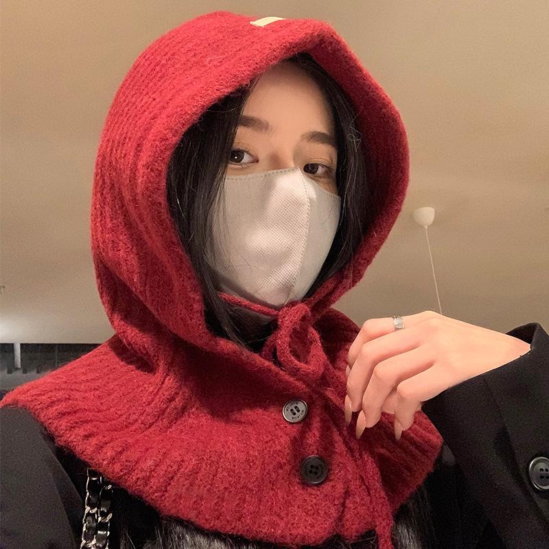 Balaclava Women's Autumn and Winter Warm Knitted Hat Scarf Integrated Cycling Cold-proof Wool Hat Pullover Cold Hat