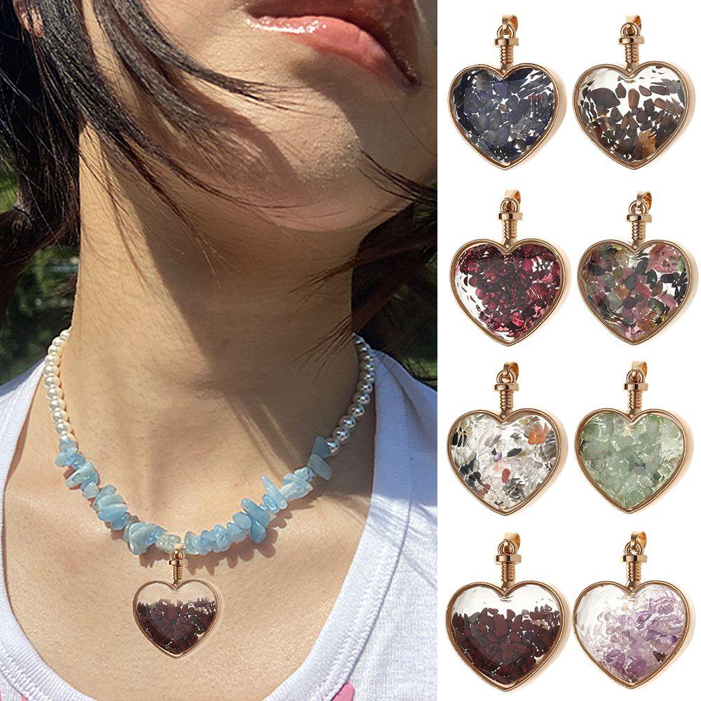 

Natural Crystal Reiki Healing Inlaid Charms Hearts Shape Crush Mineral Stone Wishing Bottle Pendant