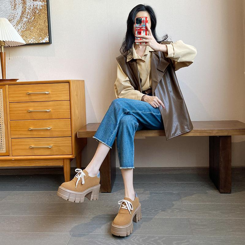 Thick-soled Color Matching Small Size Inner Height Increase 12cm Women's Lace-up Retro Small Muffin Thick-soled Shoes