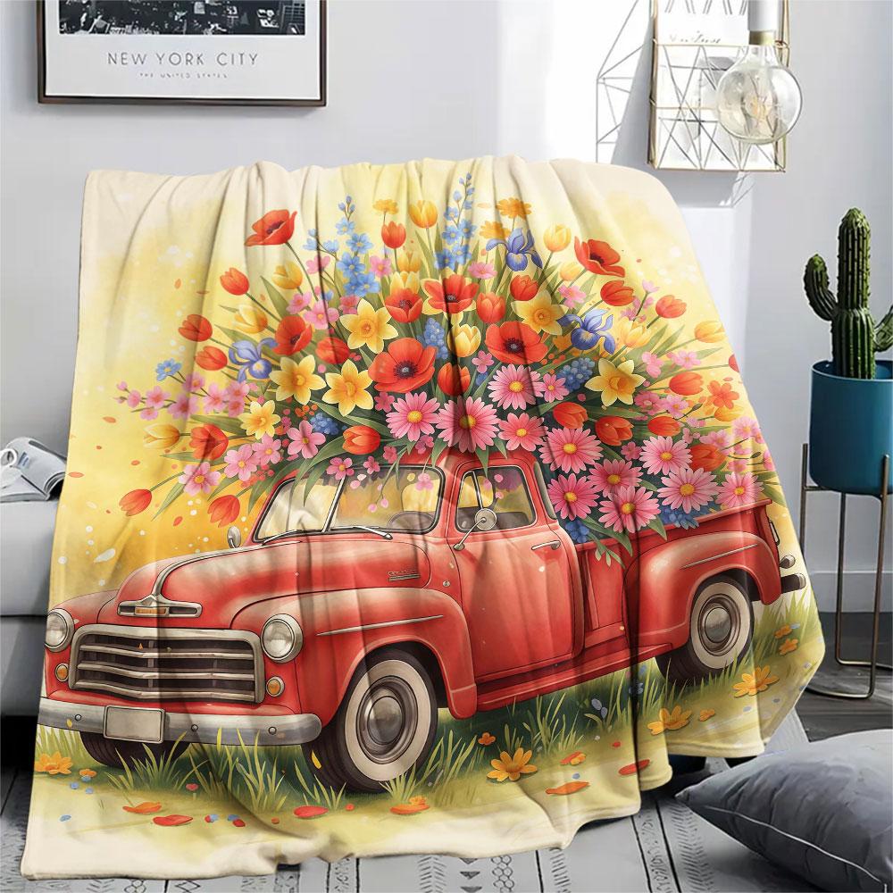 1Pc Seasons truck Print Flannel Blanket, High quality Comfortable for All Seasons, Home Decor, Warmth and Comfort, Perfect for Christmas Gifts