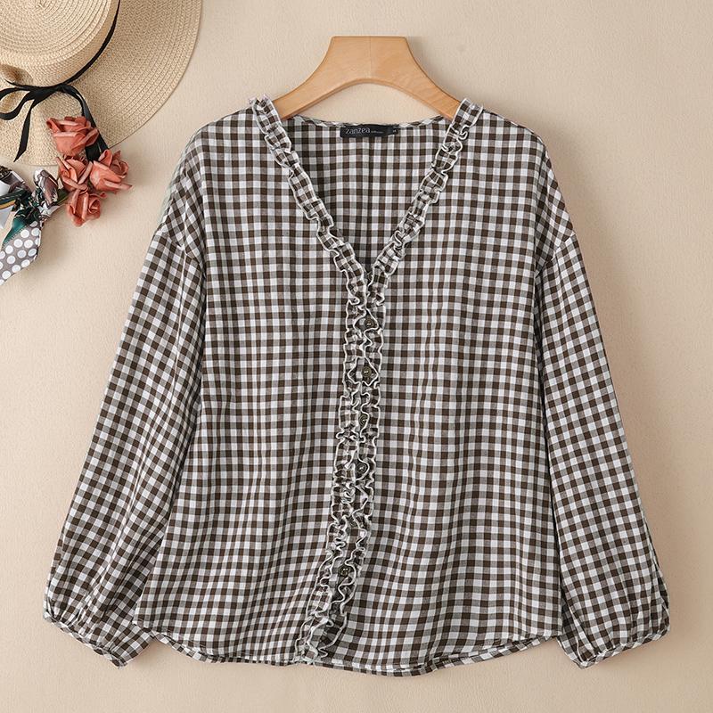 ZANZEA Women Casual V-neck Plaid Print Loose Long Sleeve Blouse