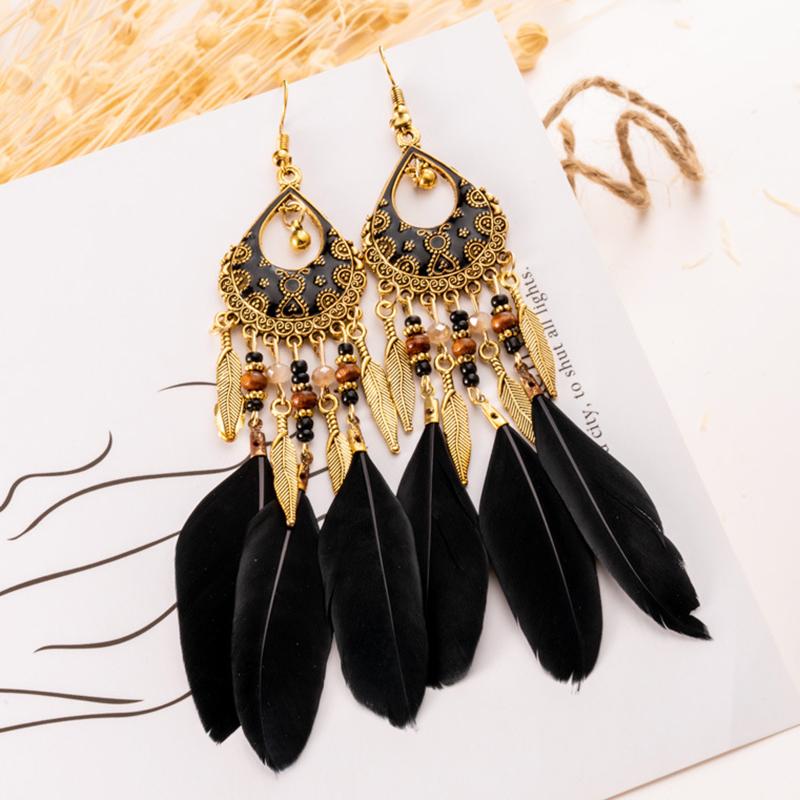 Black Long Bohemian Feather Earrings for Women Ethnic Unique Temperament Geometric Dangle Earrings Female Casual Jewelry