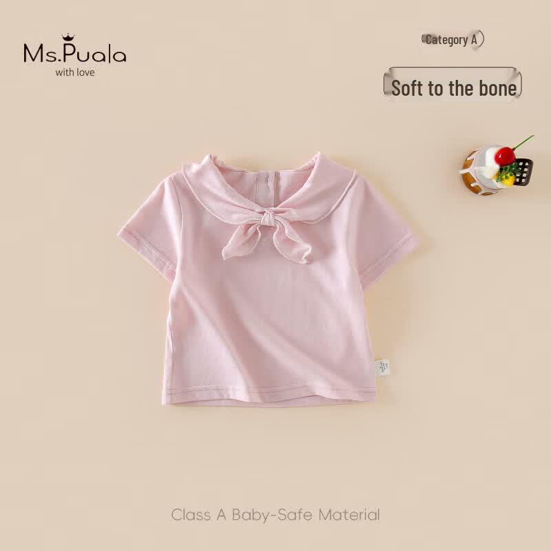 MS. PUALA Baby Girls Short Sleeve Bow-Knot Colorblock T-Shirt 73 cm