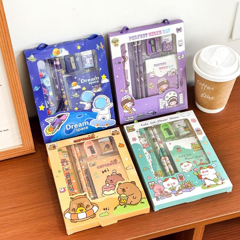 6Pcs/Set Cute Cartoon Capybara Pencil Stationery Set Kawaii Eraser Pencil Sharpener Children Student Stationery Supplies