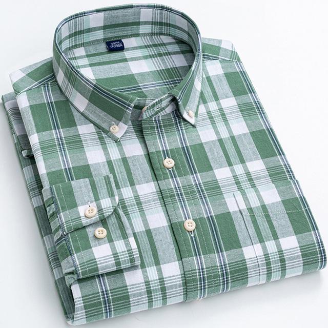 Men's Classic Fit Casual Plaid Linen Cotton Shirt Single Pocket Button-down Comfortable Soft Long Sleeve Stripe Checked Shirts