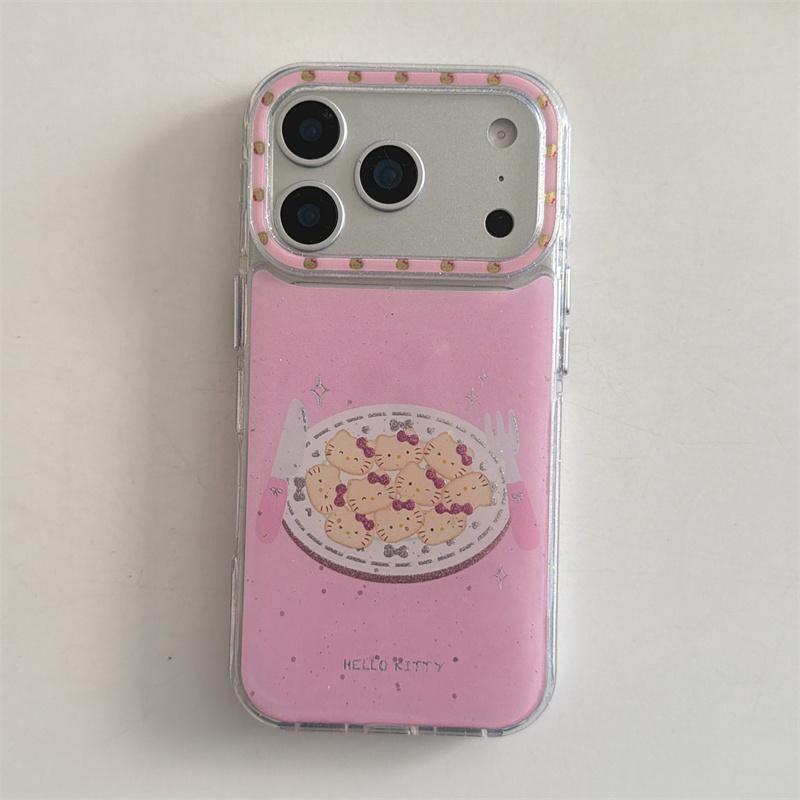 

Matching Hello Kitty Charm Wrist Strap Pink Glitter Cookie Print Phone Case For iPhone 14 15 16 17 Pro Max INS Cute Shockproof C For iPhone 17ProMax