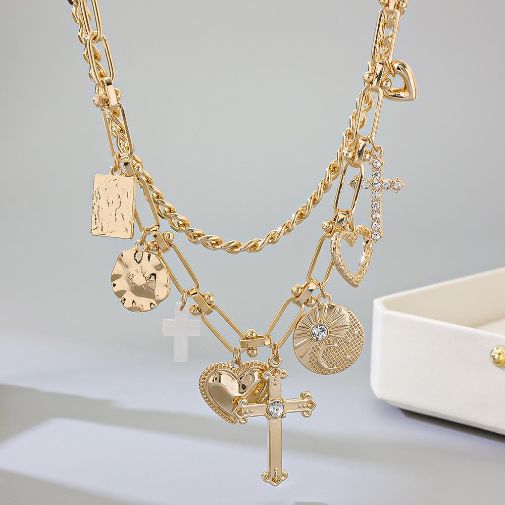 Kuwai Doppelschichtiges Kreuz-Herz-Anhänger-Halskette - Leichter Luxus Mode Choker