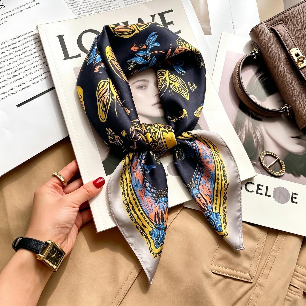 Autumn and winter Maillard cashew square scarf silk scarf women's shirt versatile neck small scarf tied hair decorative scarf