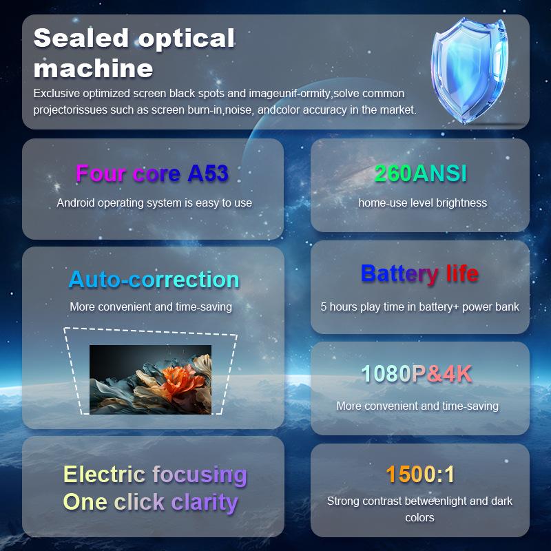 Bærbar projektor med innebygd batteri, Android utendørs campingprojektor, Mini oppladbar hjemmesmartprojektor