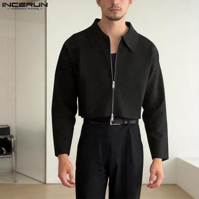 Men Lapel Neck Long Sleeve Zip-Up Solid Color Short Casual Shirts