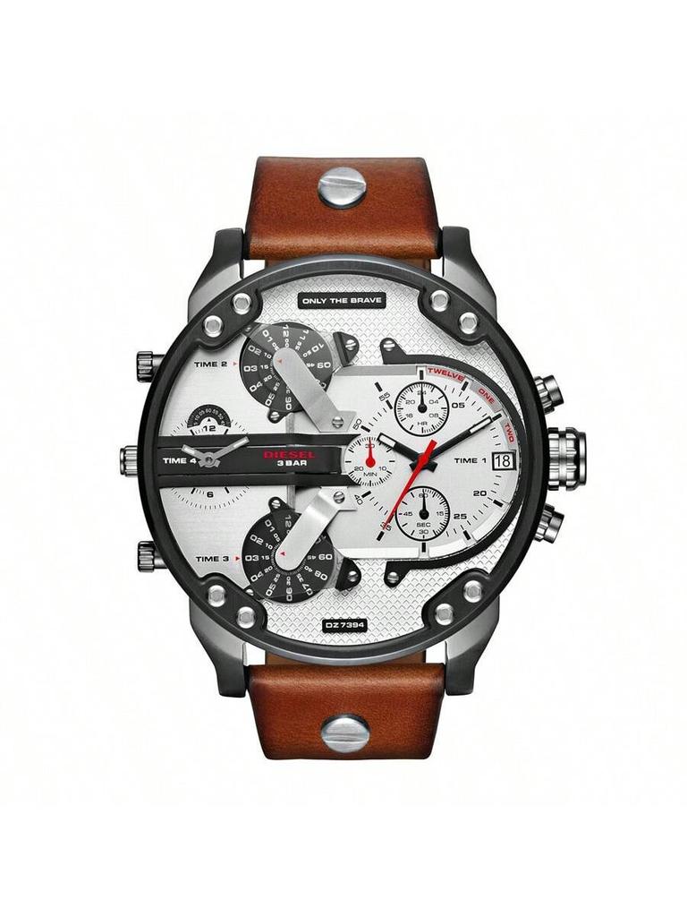 Diesel Oversized 57mm Four-Time Zone Chronograph for Men – Leather Strap Watch, Perfect for Business Travel, Date Night & Street Edge – DZ7394