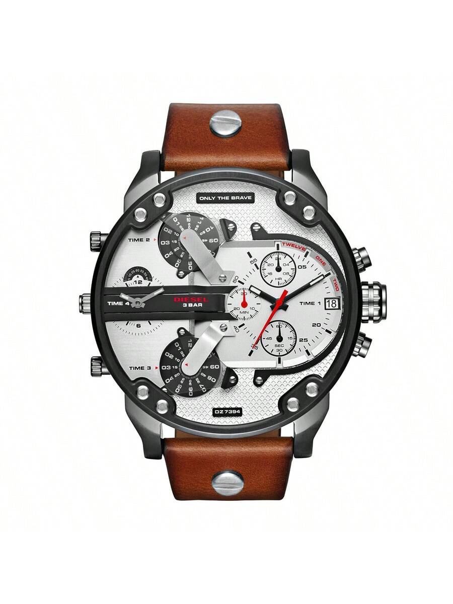 

Мужской дизельный хронограф большого размера 57 мм с четырьмя часовыми поясами – Часы с кожаным ремешком, идеально подходящие для деловых поездок, свиданий и уличного стиля – DZ7394 серый/коричневый