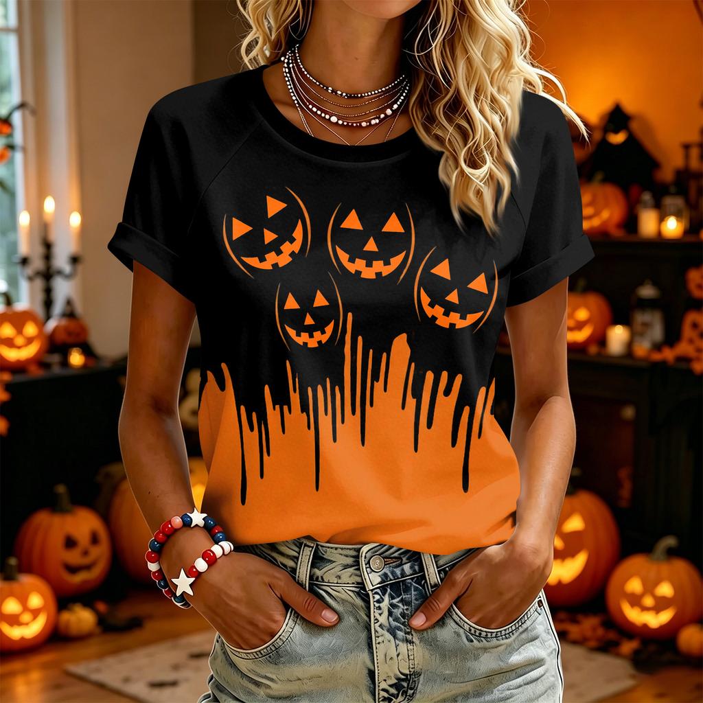 Women’s Casual Halloween Graphic Short Sleeve T-Shirt with Pumpkin Print Pattern Loose Fit Crewneck Top for Daily Wear