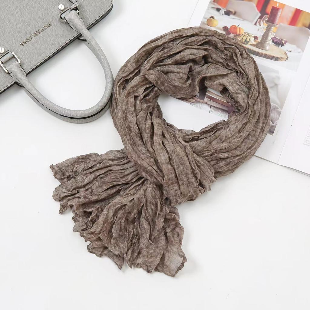 Solid Green Cotton Linen Vintage Pleated Scarf Shawl Autumn Winter Unisex Thin Long Neck Wrap Warmth Breathable Lightweight