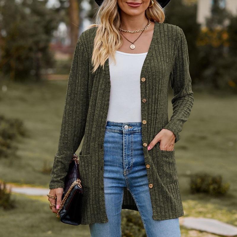 Women's Solid Color Brushed Striped Cardigan with Buttoned Jacket Design