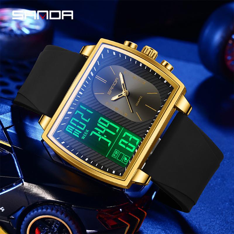 SANDA 6238 Silicone Watch With Large Dial Dual Display Multifunctional Waterproof LED Luminous Men's Electronic Watch