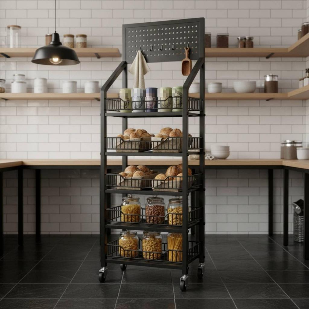 Snack Storage Rack Floor Standing Metal Display with Hooks Mobile
