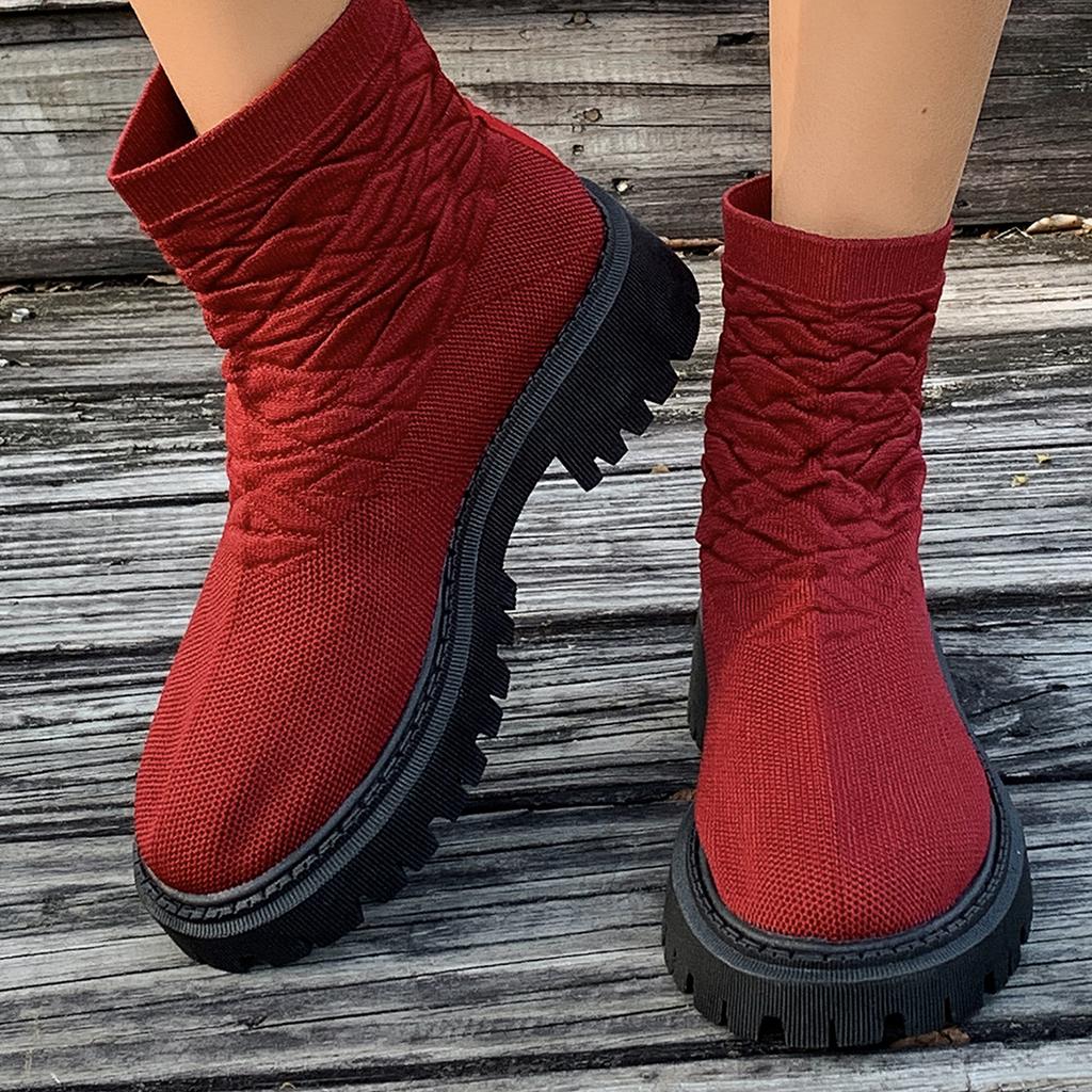 Autumn New Fly-woven Socks and Boots Women's Large-size Thick-soled Solid-color European and American Casual Martin Boots