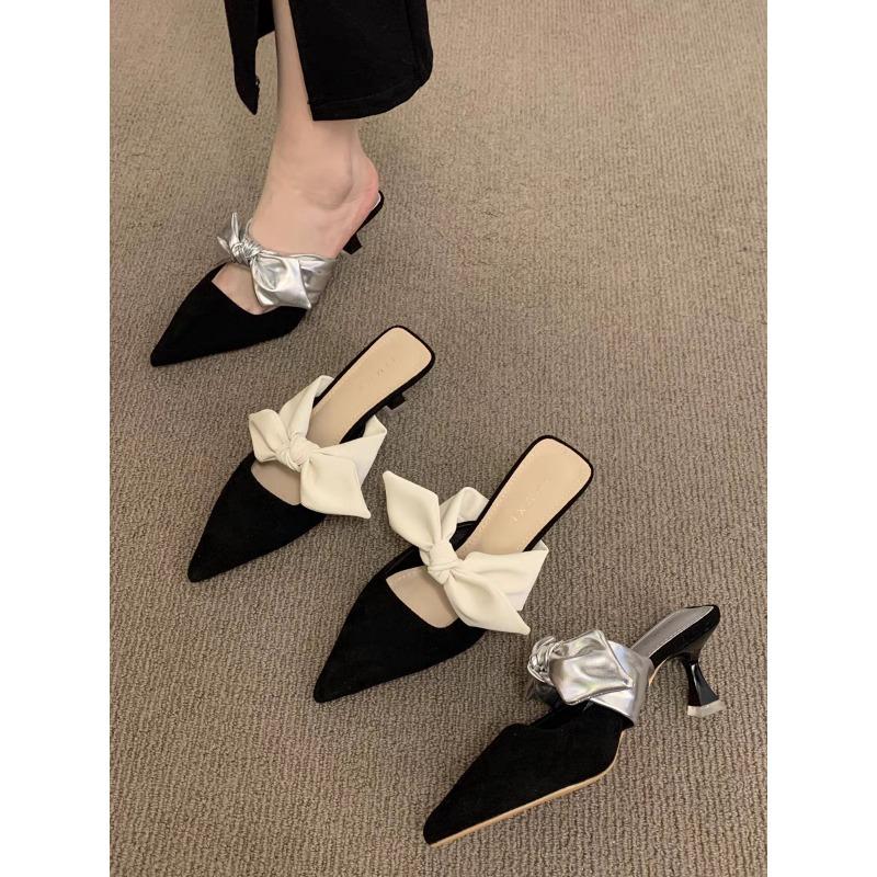 New Style Woman Designer Mesh Open Heel Sandals Shoes Print Pointed End Women High-heel Pumps Sexy Stiletto Lady Mules
