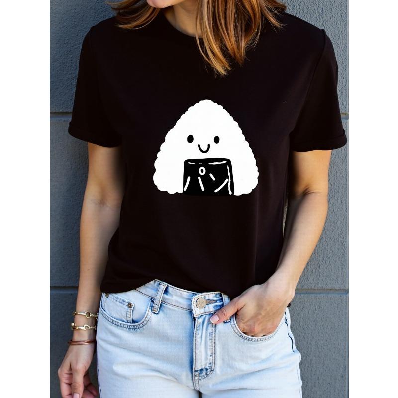 

[Rice Ball Print T-Shirt] Women s Rice Ball Print T-Shirt - Short Sleeve Round Neck Blouse-Compatible Top | Breathable Casual Shirt for Casual Attire 4XL чорний