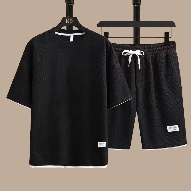 2024 Men's Sporty Summer Waffle Set: Korean Style Short Sleeve T-shirt & Shorts