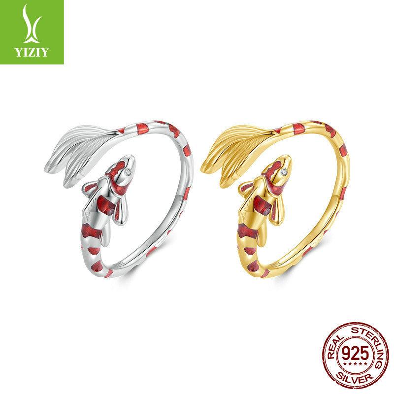 Koi 925 Sterling Silver Open Ring, Chinese Style Red Oil Drop Lucky Ring Jewelry