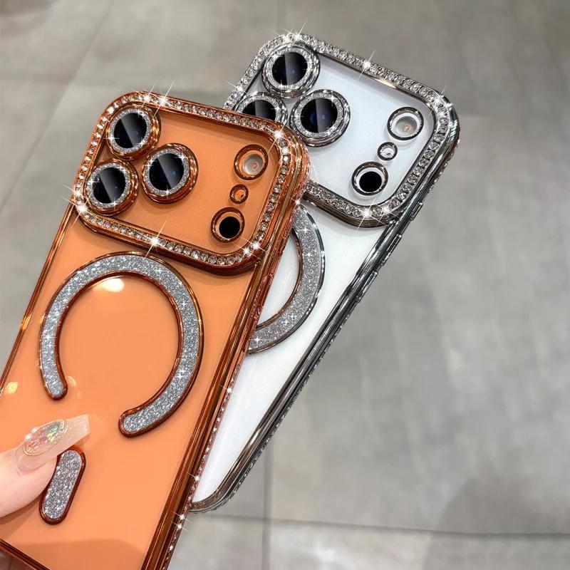 Beschichtetes Glitzer-Diamant-Strass-Magnetisches Kabelloses Ladecase Für iPhone 17 Pro Max Air 16 15 14 13 12 Weiche Silikonhülle