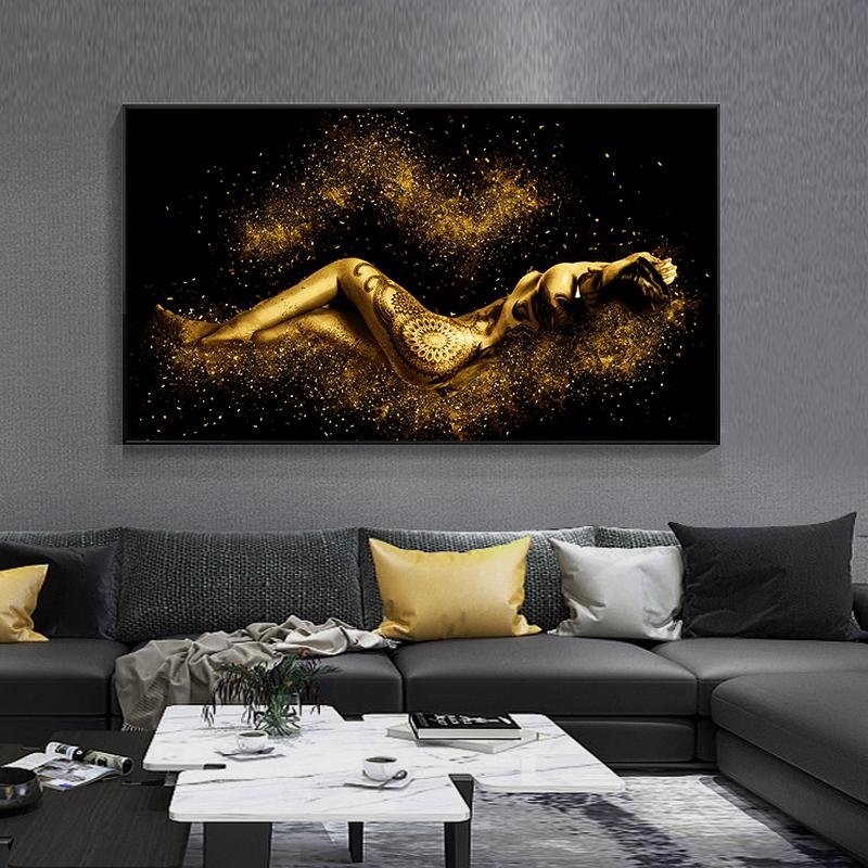 Black and Gold Abstract Sexy Nude Women Body Figure Oil Painting On Canvas Posters and Prints Wall Art Picture for Living Room