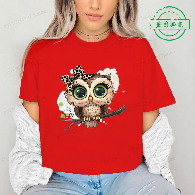 Cartoon Owl Print Crew Neck T-shirt Tee Tops Clothing Gift Streetwear Graphic T Shirts Casual Short Sleeve Top Women's Clothing