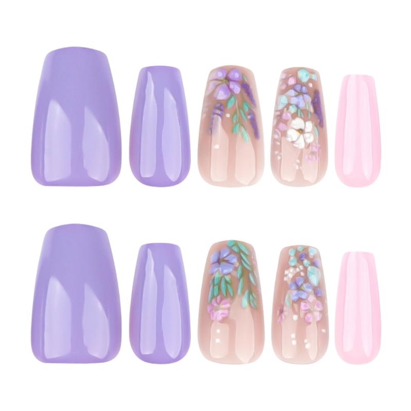 24 Pcs Short Ballerinas Press On Nail 3D Flowers False Nail Acrylic Nail Glossy Full Cover Stick on Nail for Woman