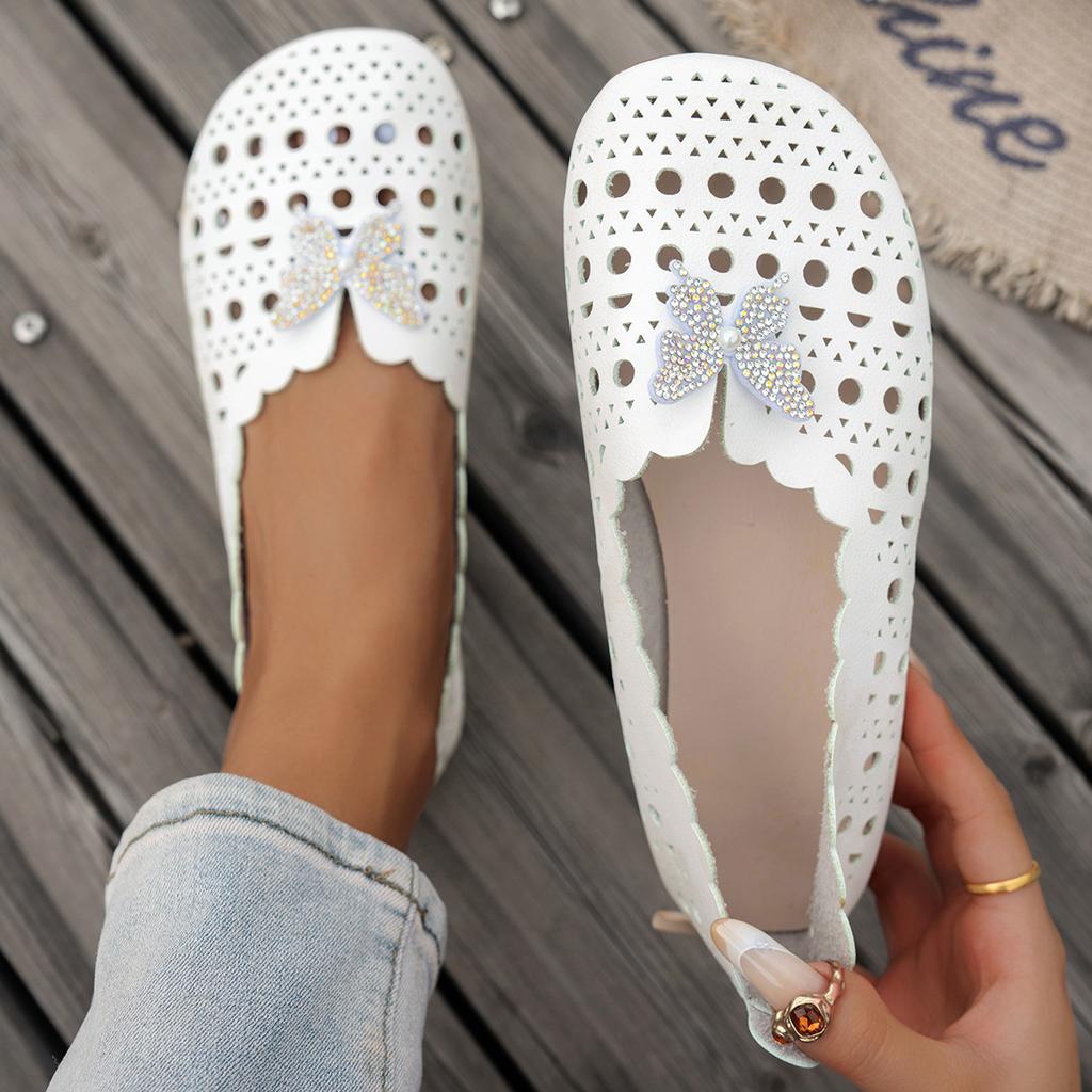 Women's Lefer Shoes, New Round-toe Flat White Perforated Single Shoes, Bow Tie Sandals