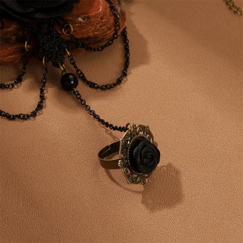 Black Lace Red Rose Finger Bracelet With Ring Harness Slave Link With Ring Bracelet Accessories Party For Women