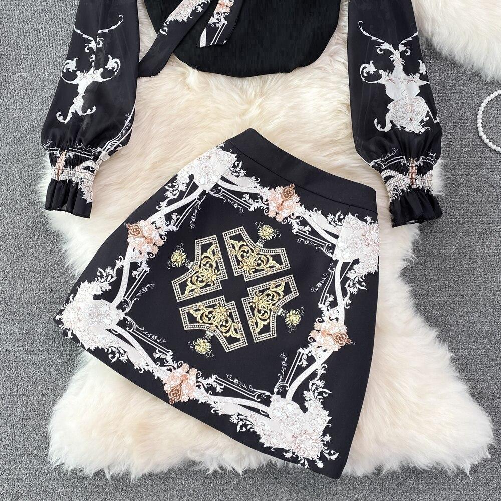 Fashion Suit Female Celebrity Temperament Ol Professional Bow Chiffon Shirt Two-Piece Set High Waist Hip Skirt Spring