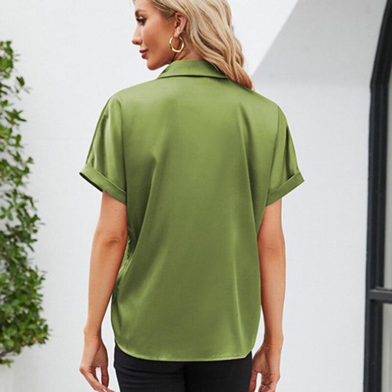 Sommer Kurzarm Satin Hemd Frauen Fashion Solid drehen-unten Kragen Bluse Elegante Beiläufige Lose Büro Damen Tops Blusas 28495