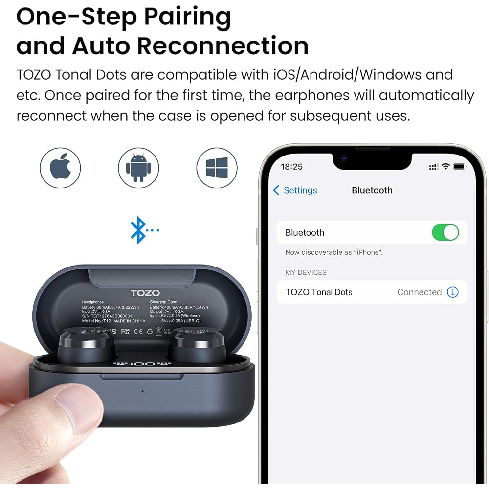 TOZO Tones Dots (T12) Bluetooth Wireless Earphones: Compact, Lightweight, Comfortable, Mid-Low Frequencies, Warm Tone Sound Quality, Customizable EQ (