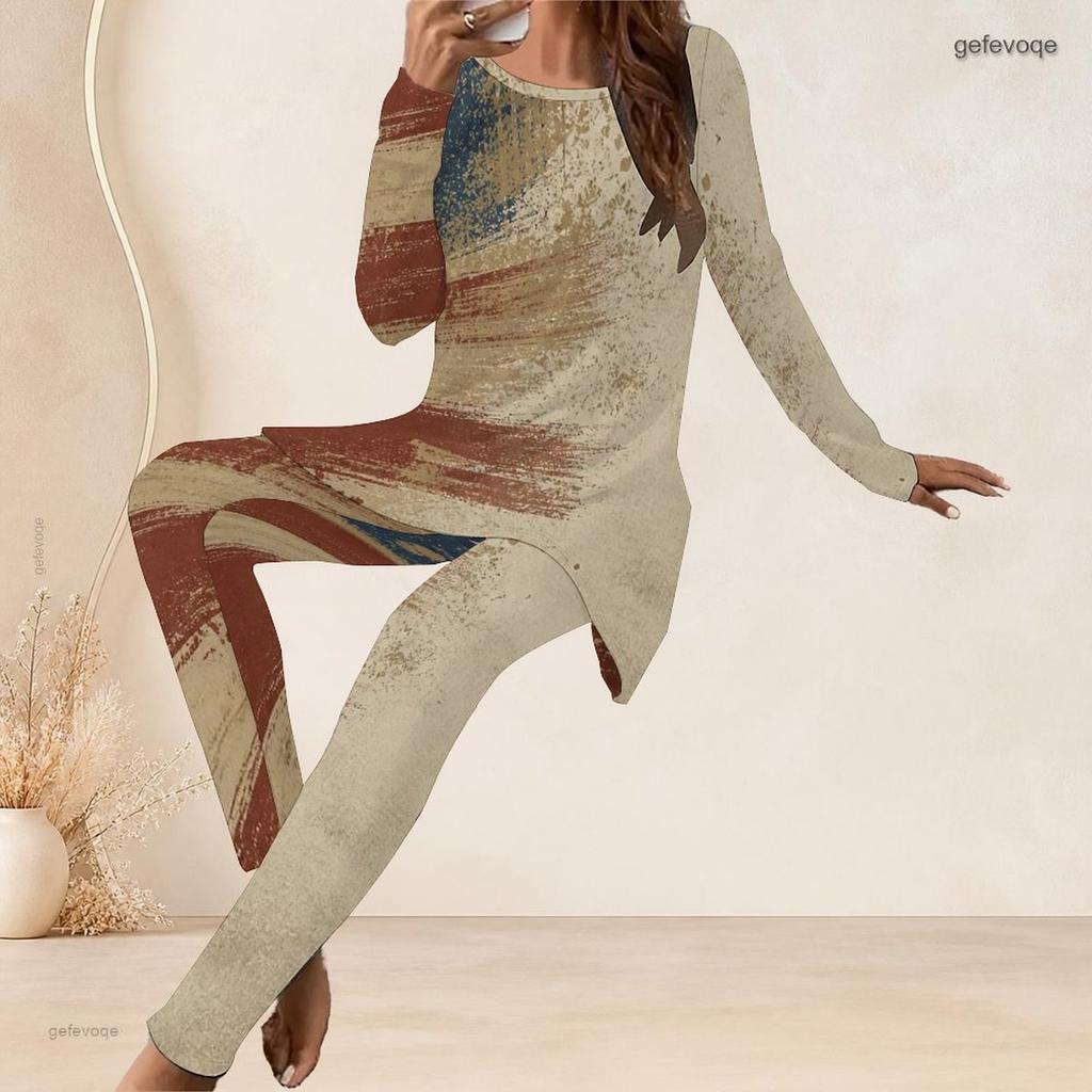 Women Plus Size Round Neck Long Sleeve Red White Blue Flag Printed Longline Top Fitted Pants Two Piece Set