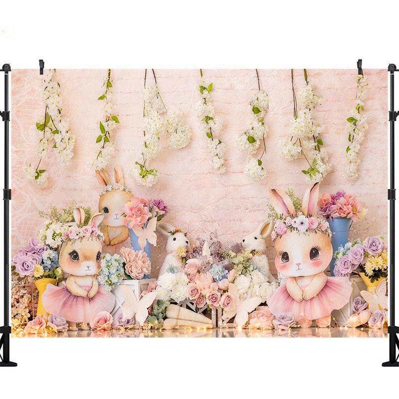 LS Bunny Easter Backdrops Birthday Cake Smash Adult Photography Props Baby Child Decor Wooden Fence Green Vine Backgrounds