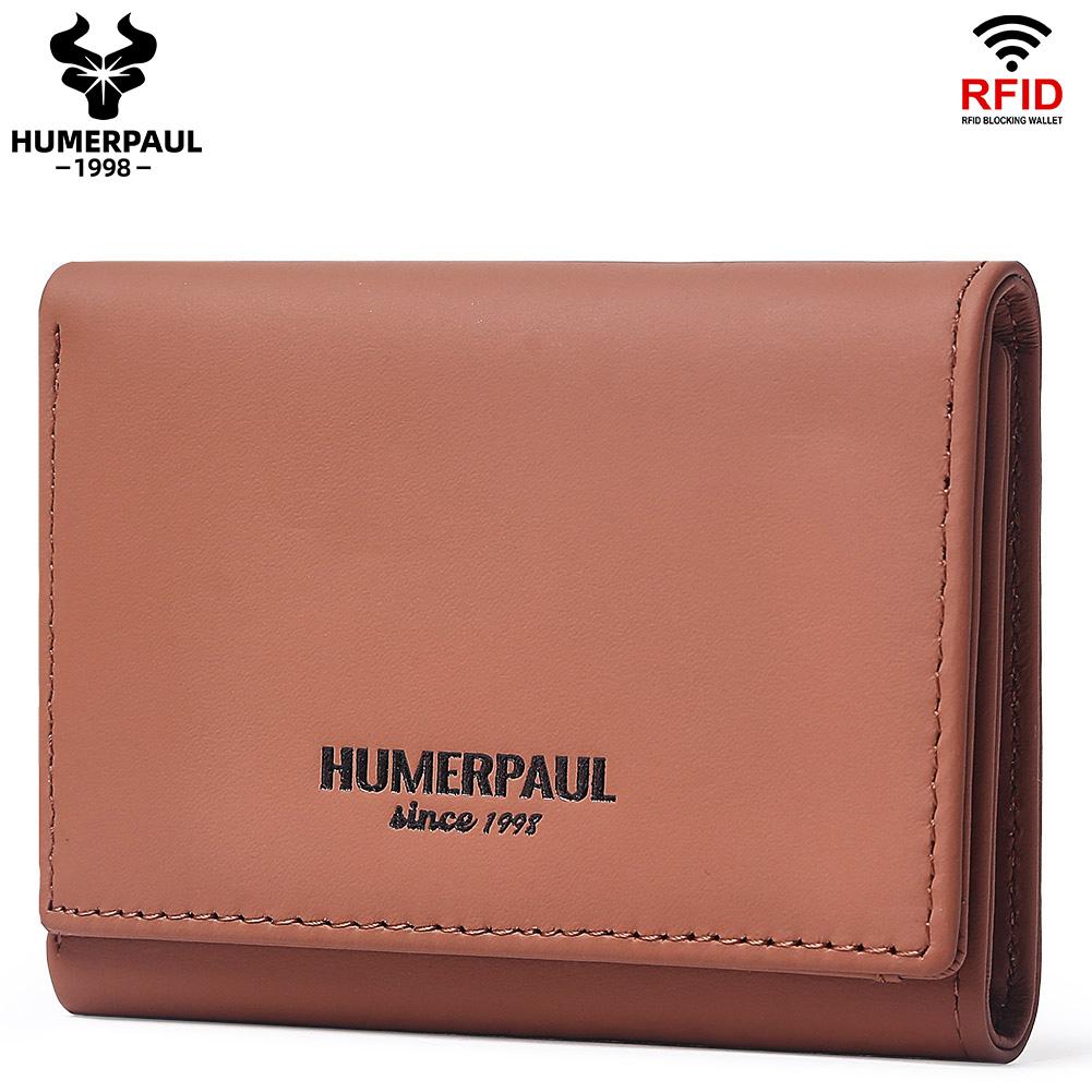 Humerpaul Ladies First Layer Cowhide Three-folding Wallet RFID Anti-theft Brush Portable Wallet Multi-card Slot Large-capacity Multi-compartment