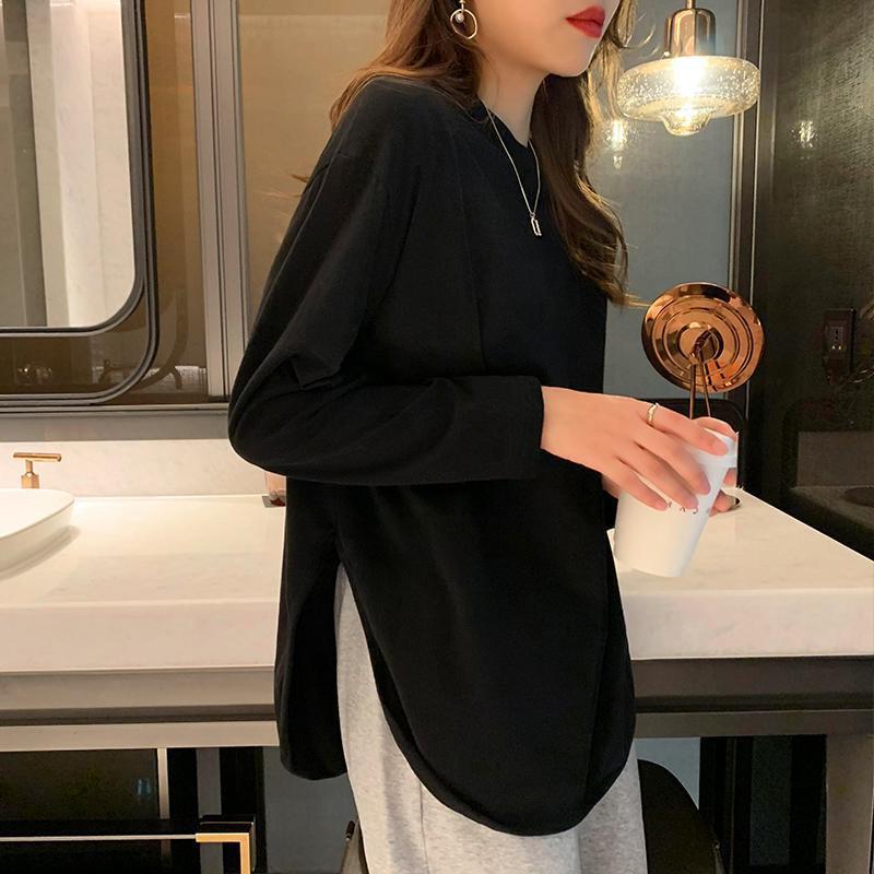 YYFS Damenmode, lässig, Frühling und Herbst, einfarbig, langärmelig, O-Ausschnitt, Blusen und Hemden